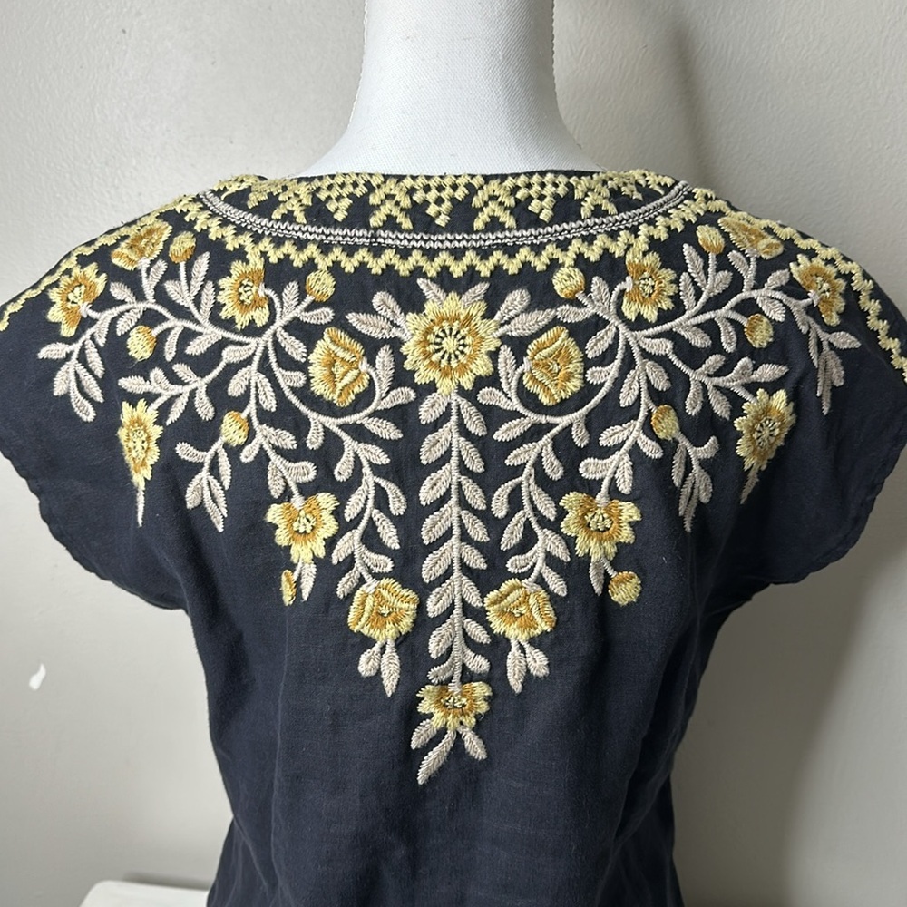 Johnny Was Black Lace-Up Embroidered Floral Blouse with Gold Accents - Picture 5 of 7